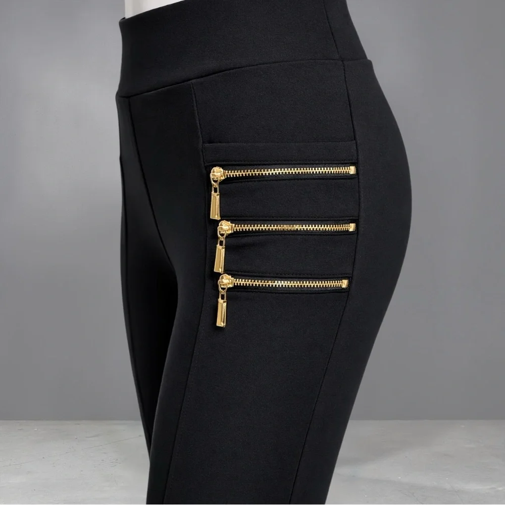 Women's Black High-Waist Slim Pants with Gold Zipper Detail